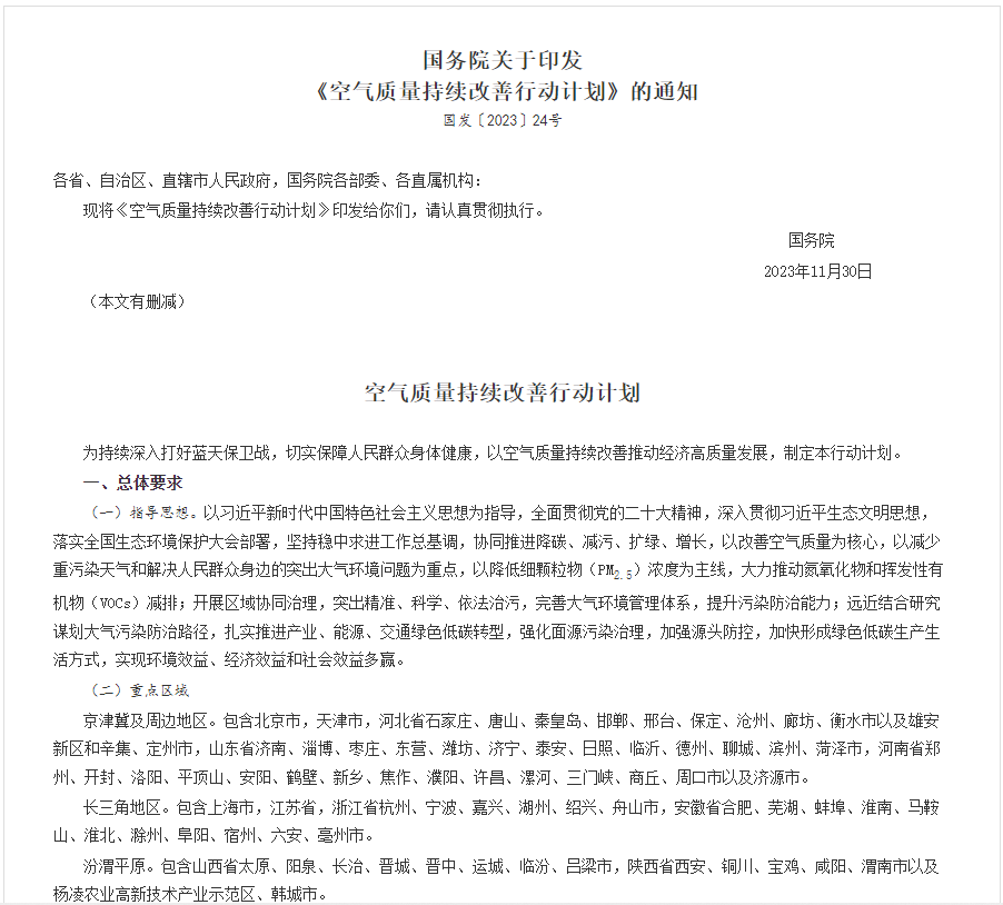 全文！國務院印發(fā)《空氣質(zhì)量持續(xù)改善行動計劃》